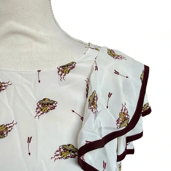 Dorothee Schumacher Silk Flutter Sleeve Blouse Cream Burgundy Trim Size 1 XS - Picture 3 of 14